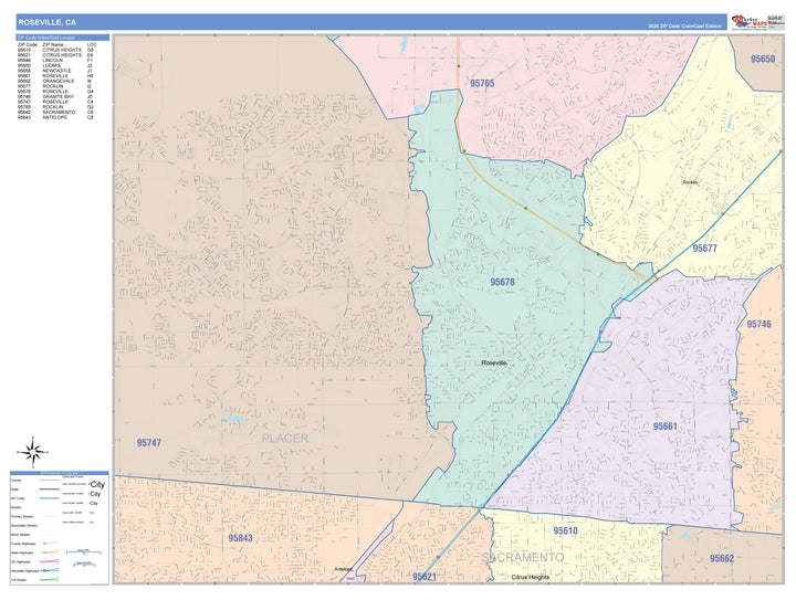 Color Cast Zip Code Style Wall Map of Roseville, CA