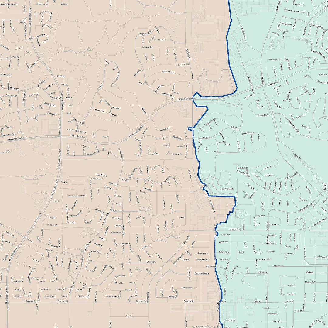 Color Cast Zip Code Style Wall Map of Roseville, CA