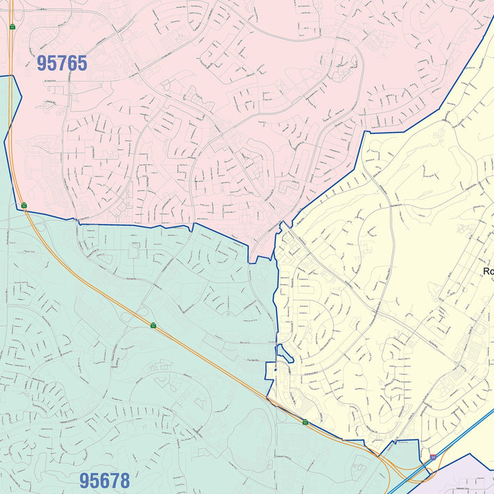 Color Cast Zip Code Style Wall Map of Roseville, CA