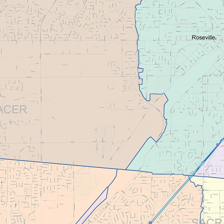 Color Cast Zip Code Style Wall Map of Roseville, CA