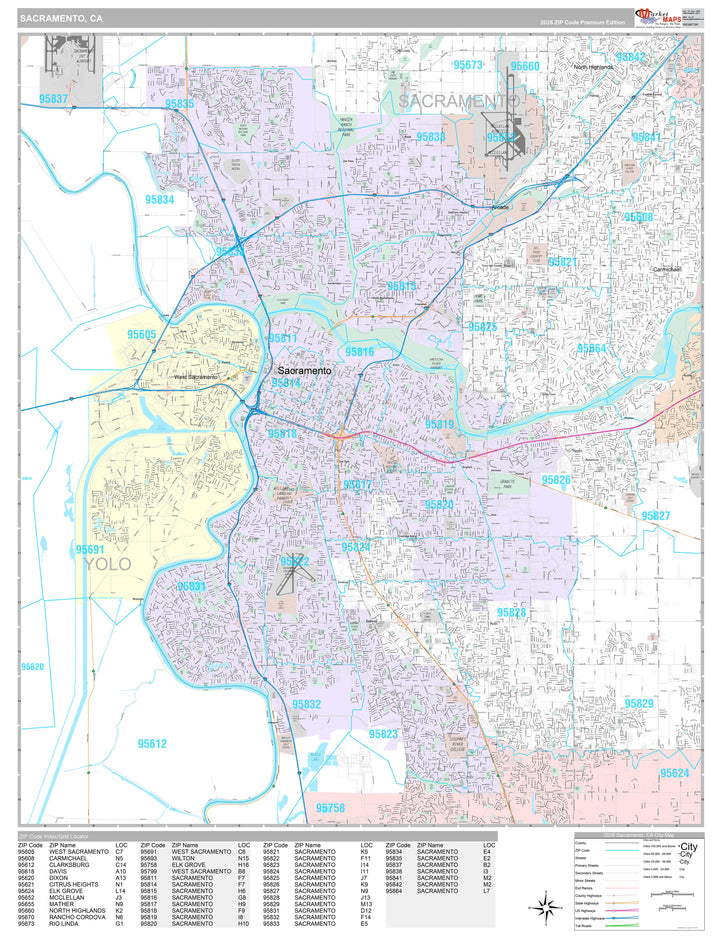 Premium Style Wall Map of Sacramento CA