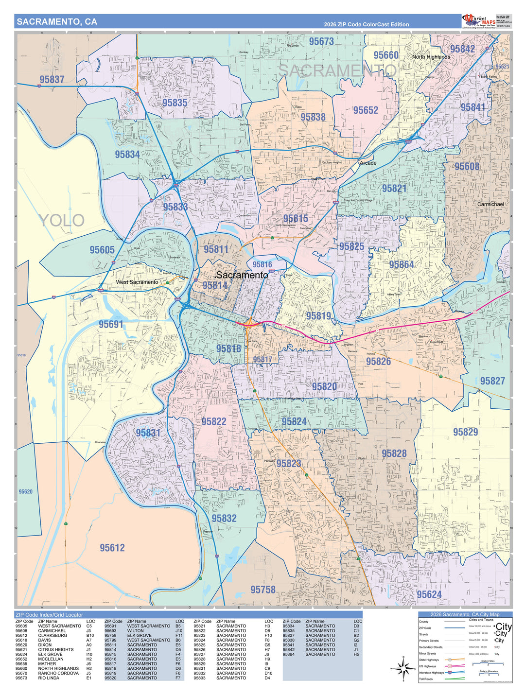 Color Cast Zip Code Style Wall Map of Sacramento, CA