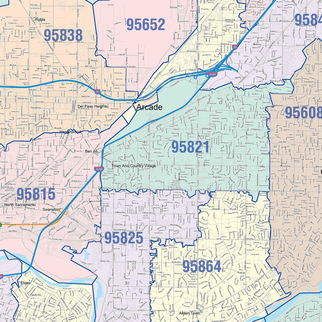 Color Cast Zip Code Style Wall Map of Sacramento, CA