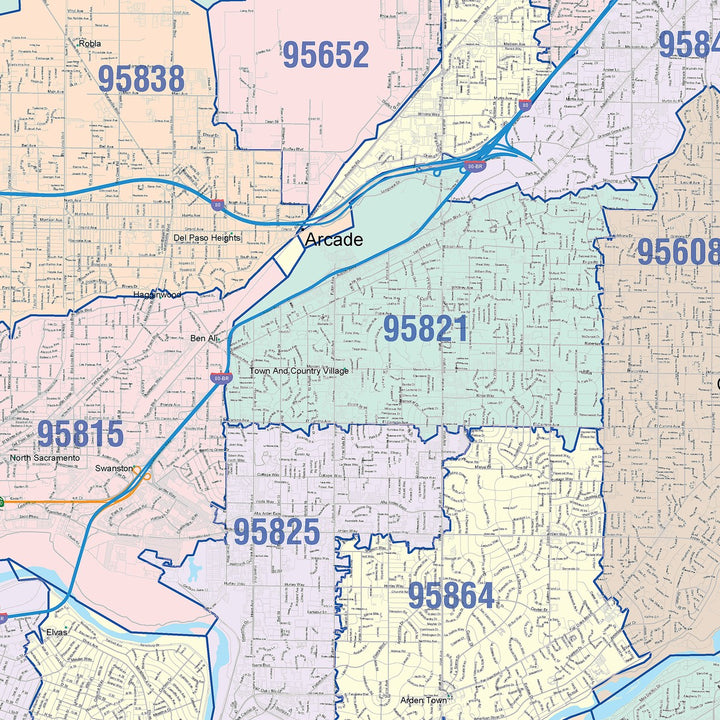 Color Cast Zip Code Style Wall Map of Sacramento, CA