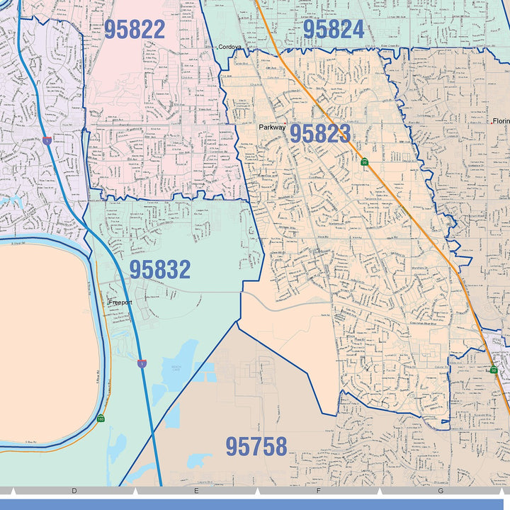 Color Cast Zip Code Style Wall Map of Sacramento, CA