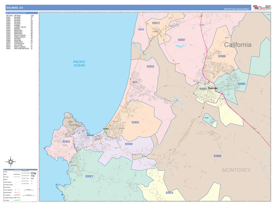 Color Cast Zip Code Style Wall Map of Salinas, CA