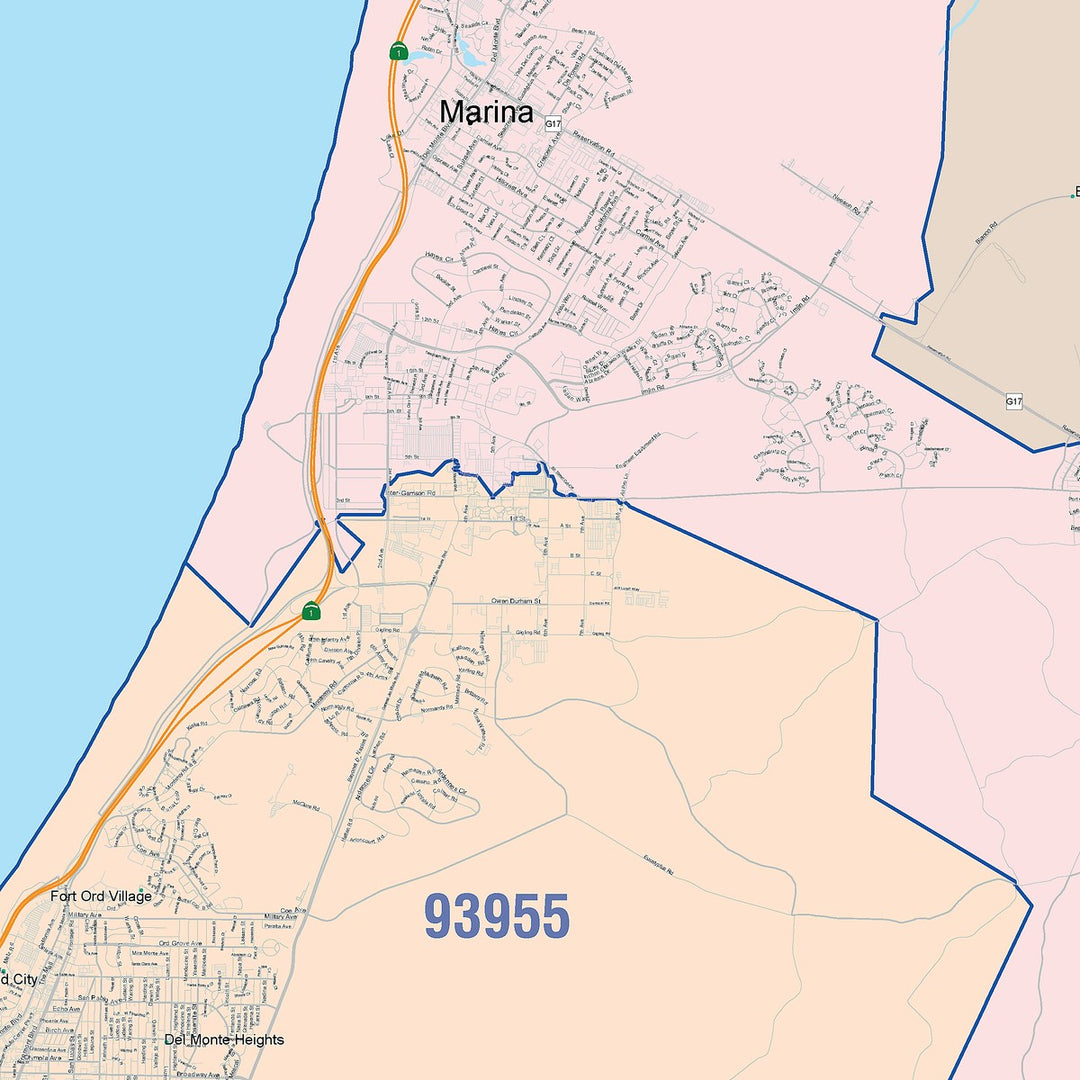 Color Cast Zip Code Style Wall Map of Salinas, CA