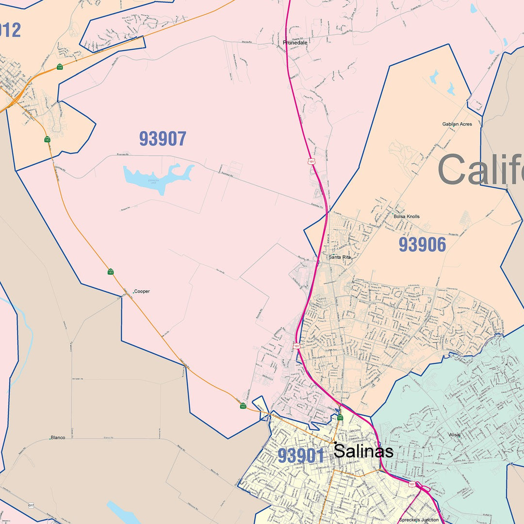 Color Cast Zip Code Style Wall Map of Salinas, CA