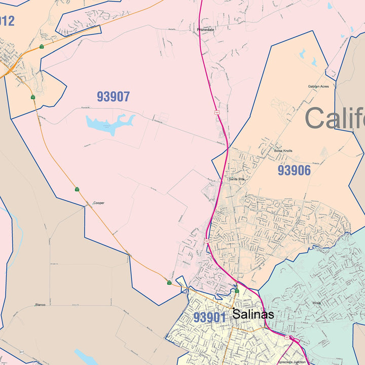 Color Cast Zip Code Style Wall Map of Salinas, CA