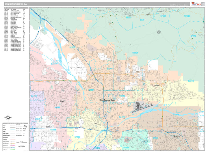 Premium Style Wall Map of San Bernardino CA