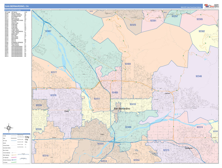 Color Cast Zip Code Style Wall Map of San Bernardino, CA