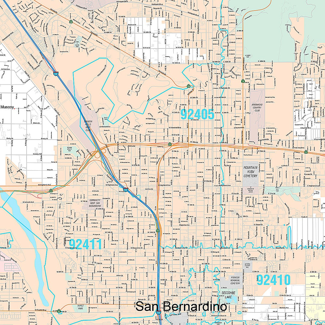 Premium Style Wall Map of San Bernardino CA