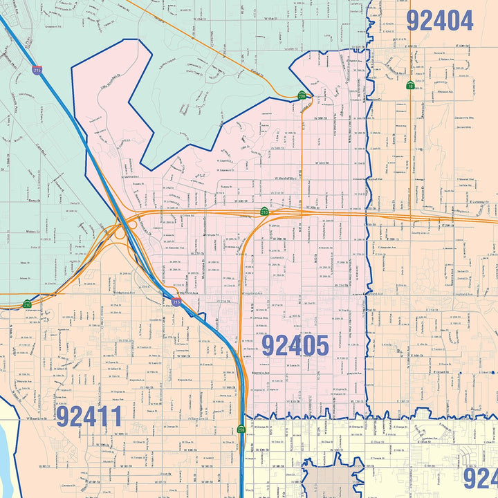 Color Cast Zip Code Style Wall Map of San Bernardino, CA