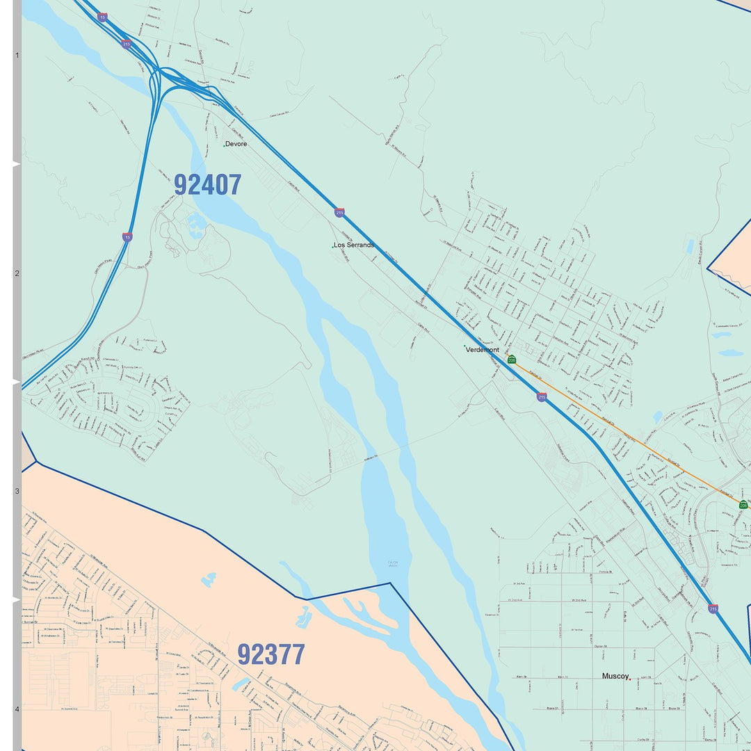 Color Cast Zip Code Style Wall Map of San Bernardino, CA