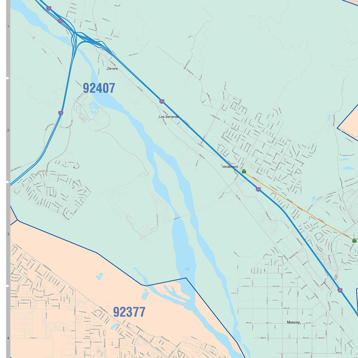 Color Cast Zip Code Style Wall Map of San Bernardino, CA