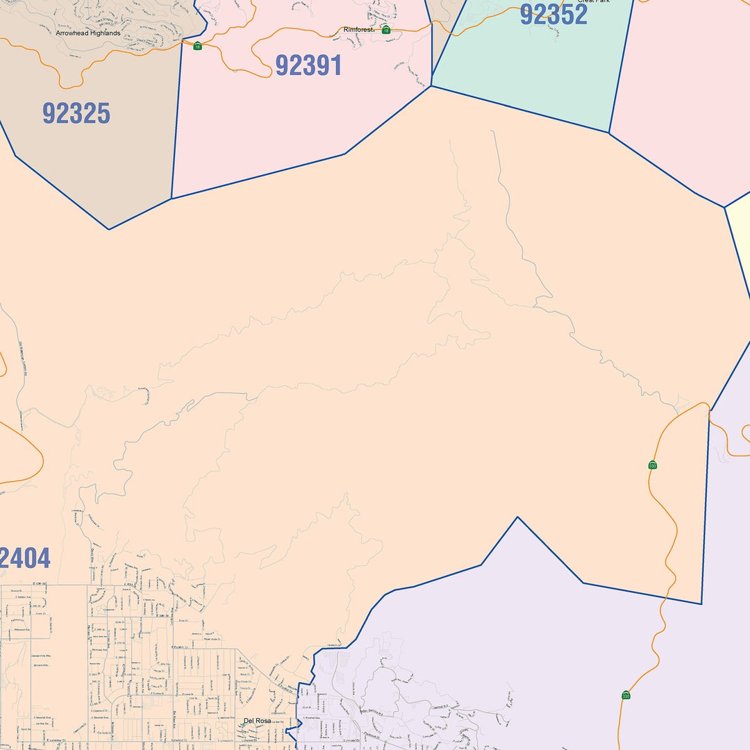 Color Cast Zip Code Style Wall Map of San Bernardino, CA