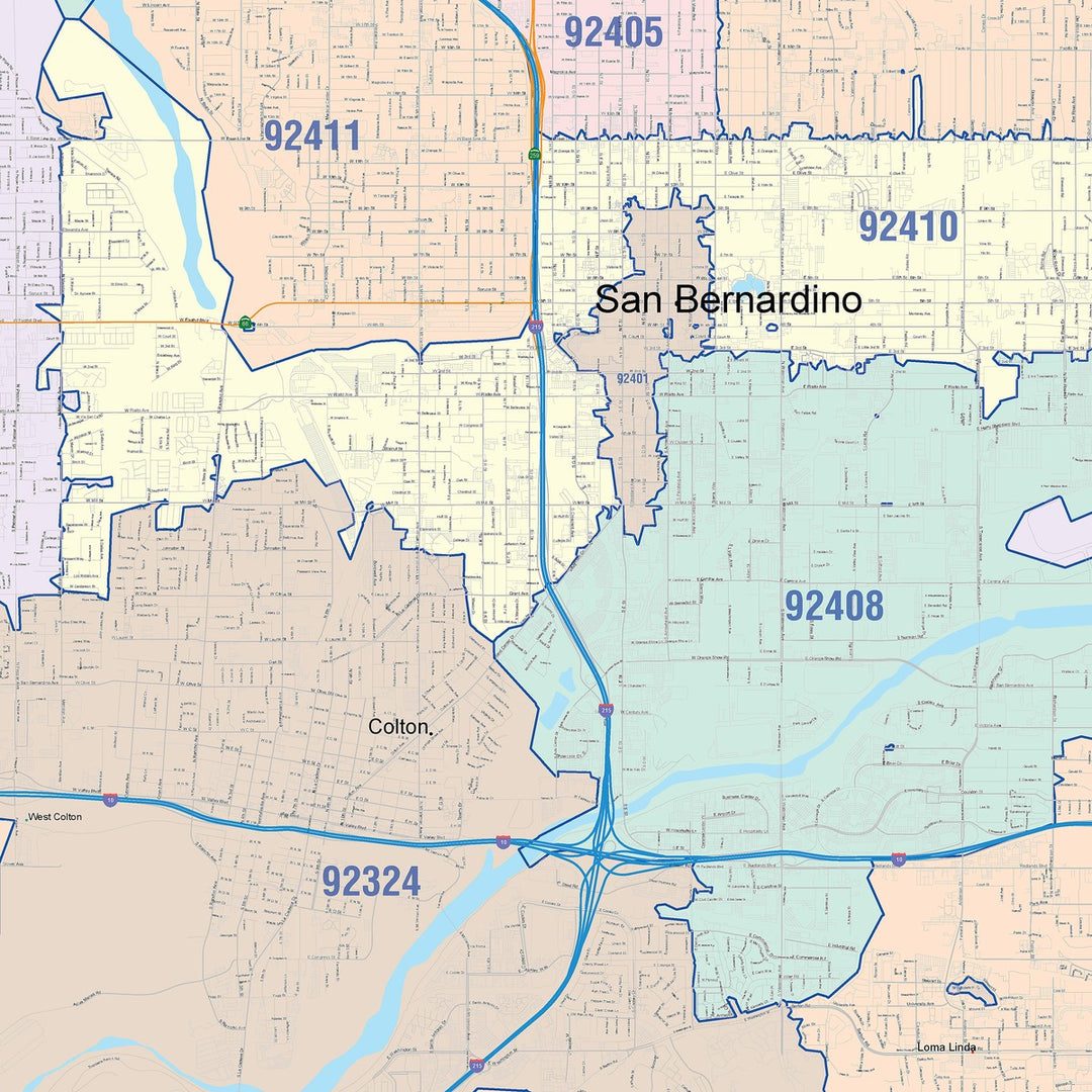 Color Cast Zip Code Style Wall Map of San Bernardino, CA