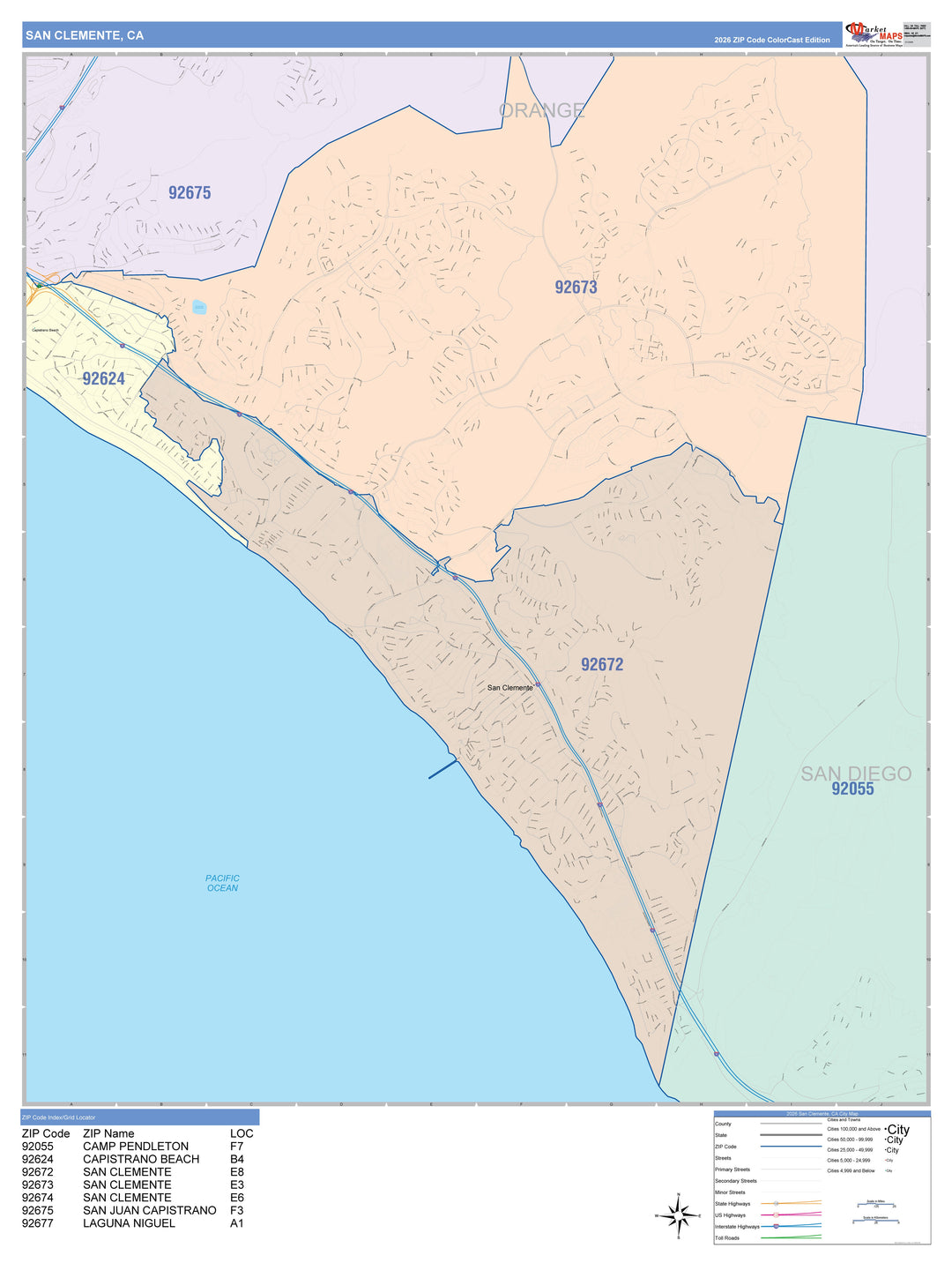 Color Cast Zip Code Style Wall Map of San Clemente, CA