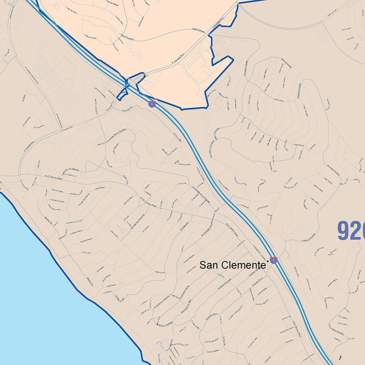 Color Cast Zip Code Style Wall Map of San Clemente, CA