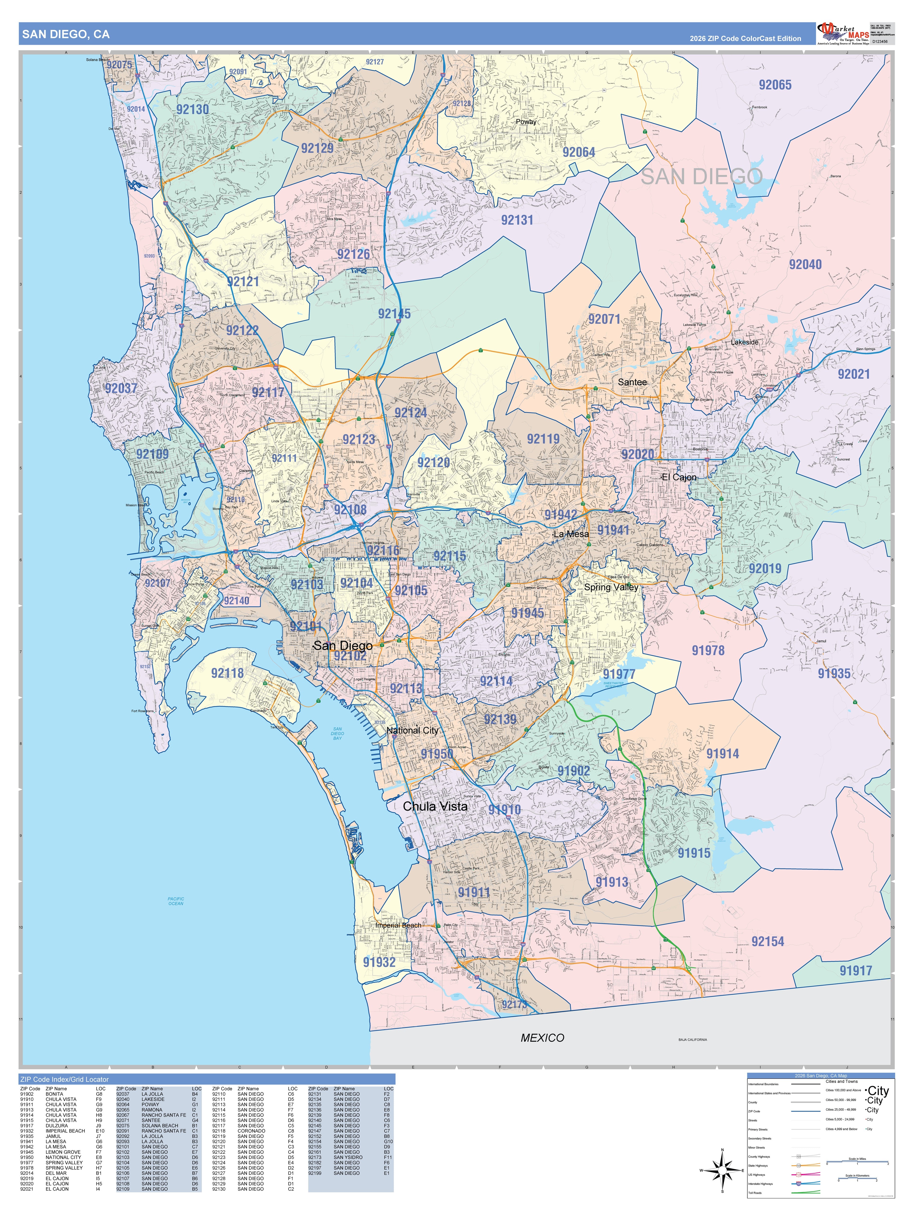 Colorcast Zip Code Style Wall Map of San Diego, CA – American Map