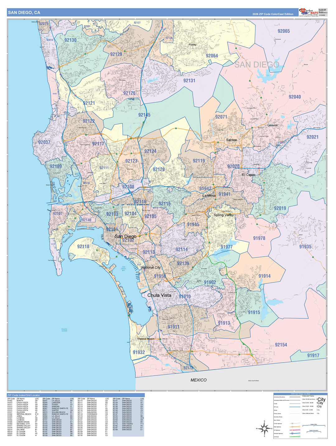 Colorcast Zip Code Style Wall Map of San Diego CA
