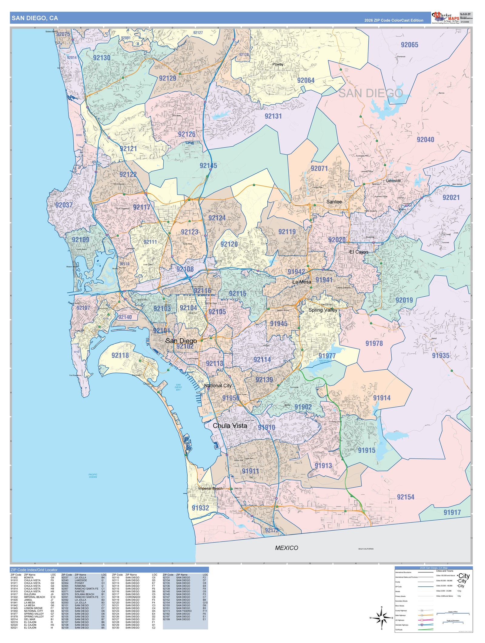 Colorcast Zip Code Style Wall Map of San Diego CA