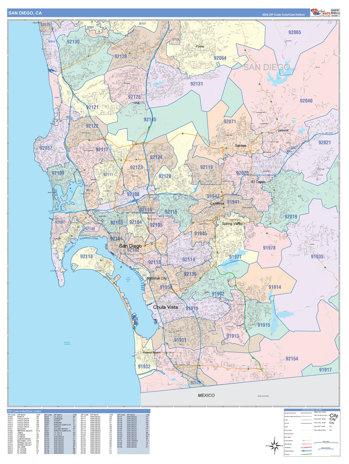 Colorcast Zip Code Style Wall Map of San Diego CA