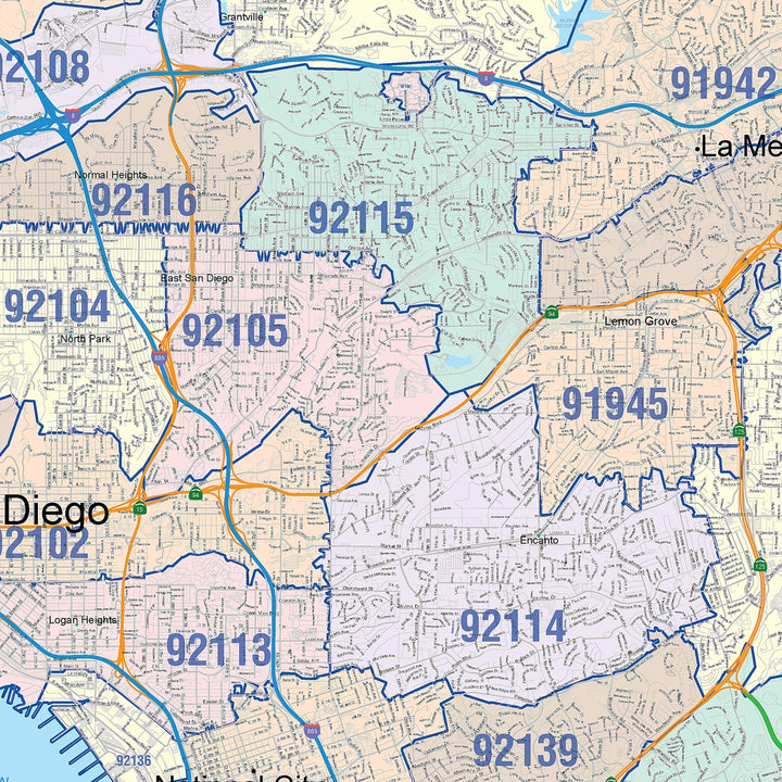 Colorcast Zip Code Style Wall Map of San Diego CA