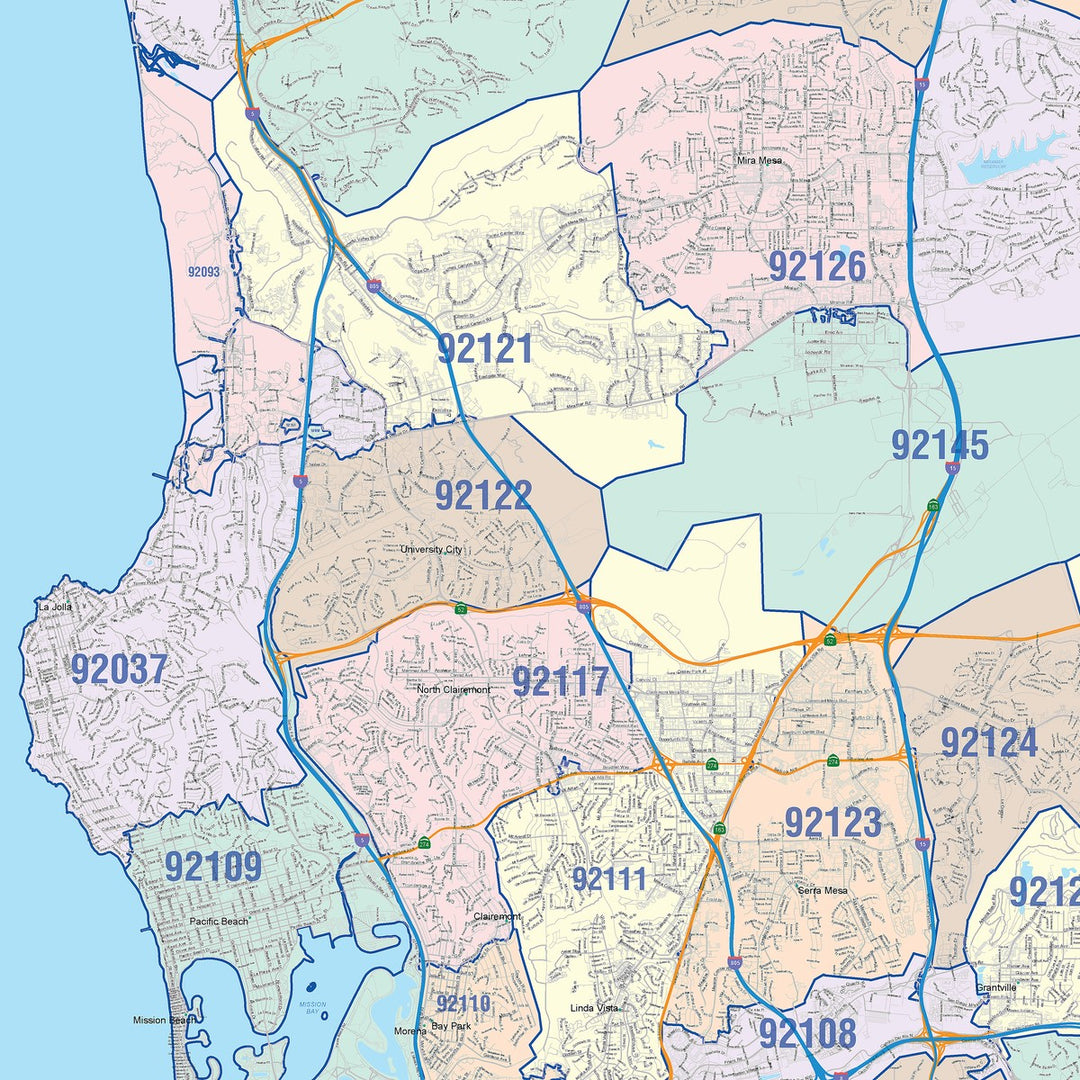 Colorcast Zip Code Style Wall Map of San Diego CA
