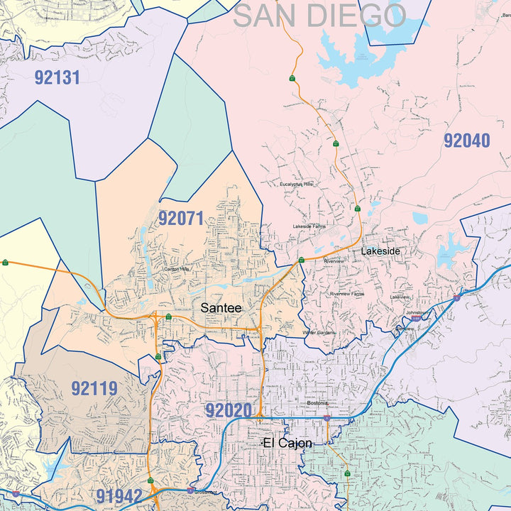Colorcast Zip Code Style Wall Map of San Diego CA
