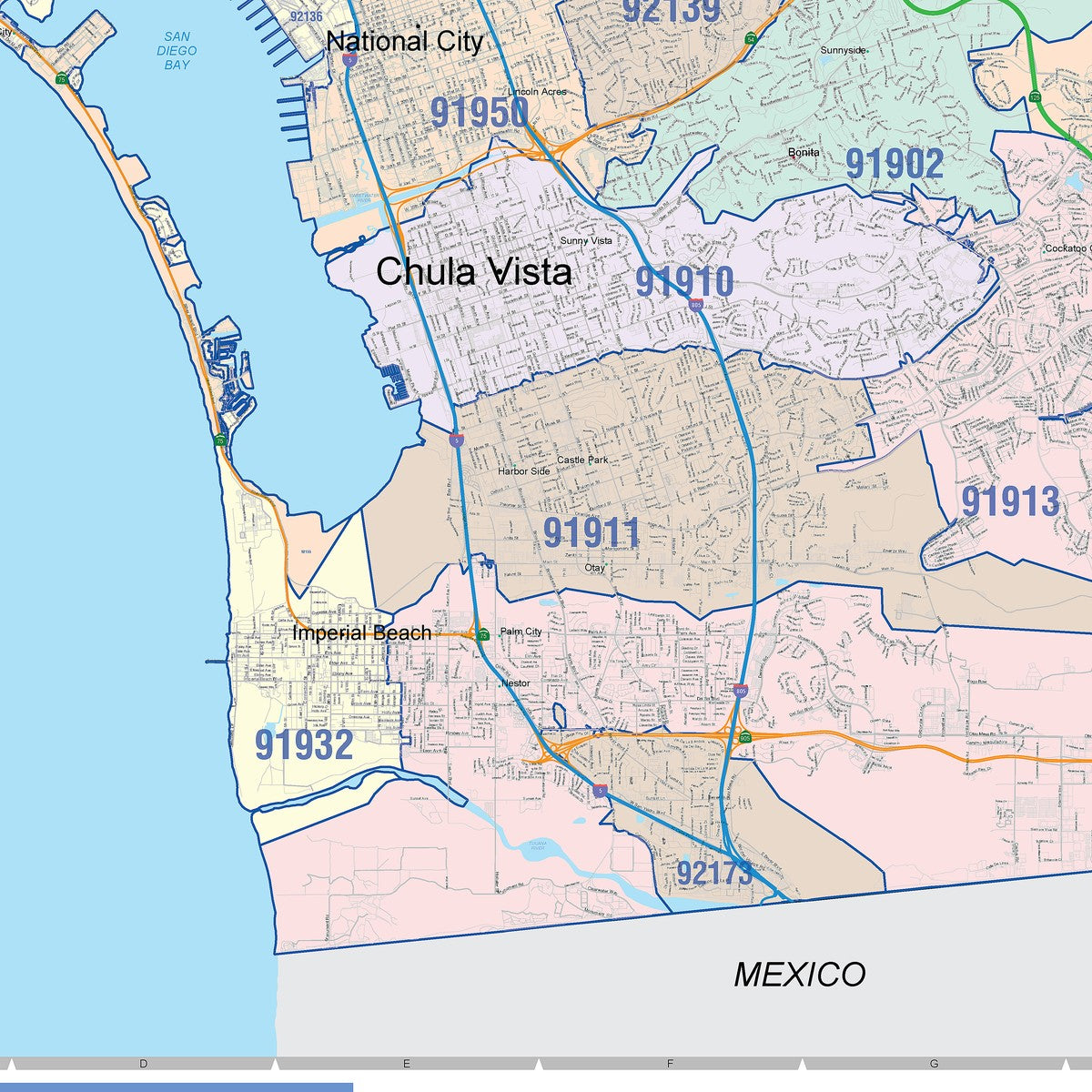 Colorcast Zip Code Style Wall Map of San Diego, CA – American Map