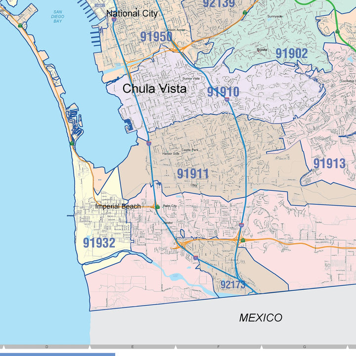 Colorcast Zip Code Style Wall Map of San Diego CA