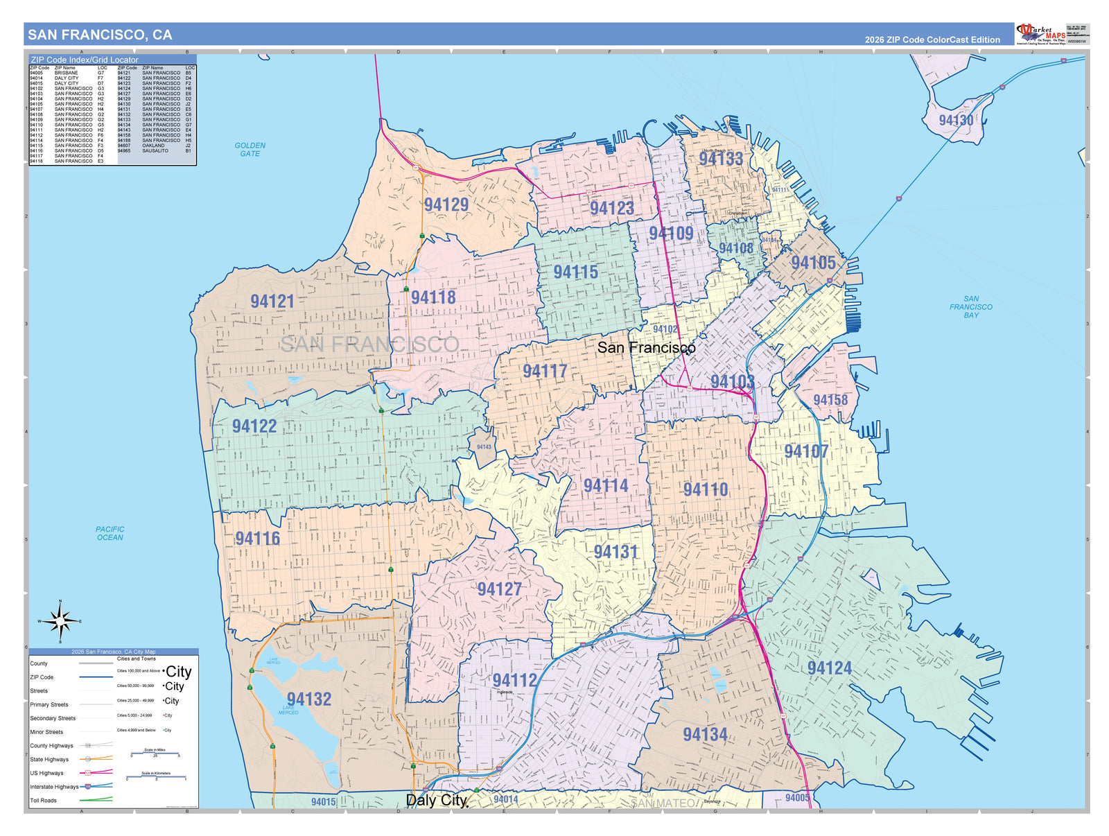 Colorcast Zip Code Style Wall Map of San Francisco CA