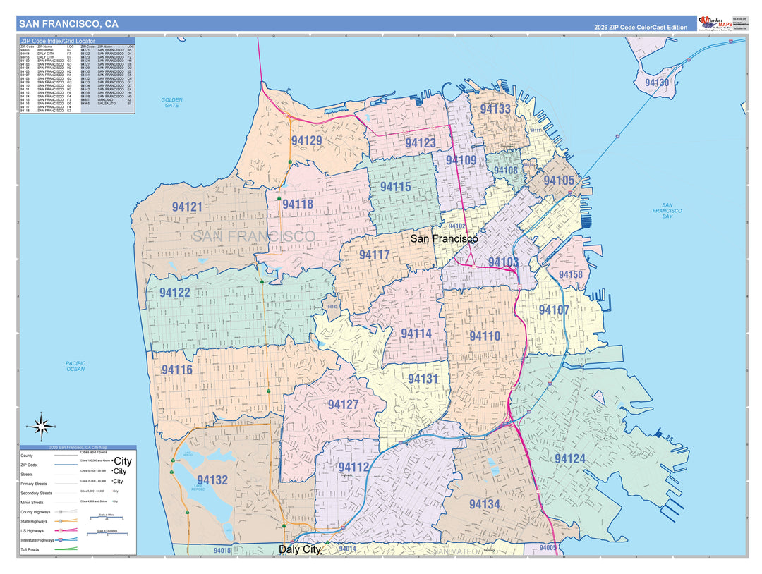 Colorcast Zip Code Style Wall Map of San Francisco CA – American