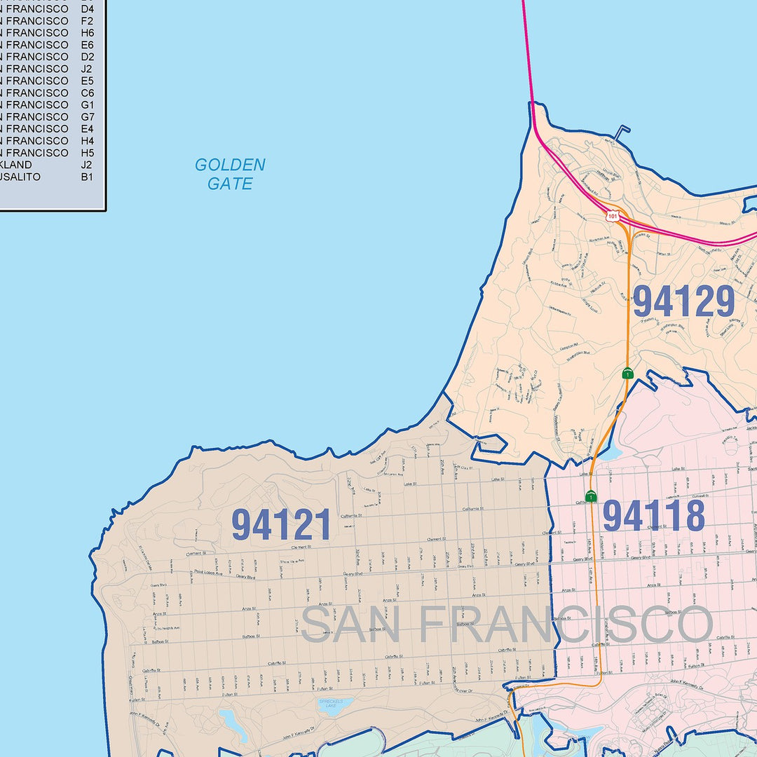 Colorcast Zip Code Style Wall Map of San Francisco, CA – American Map Store