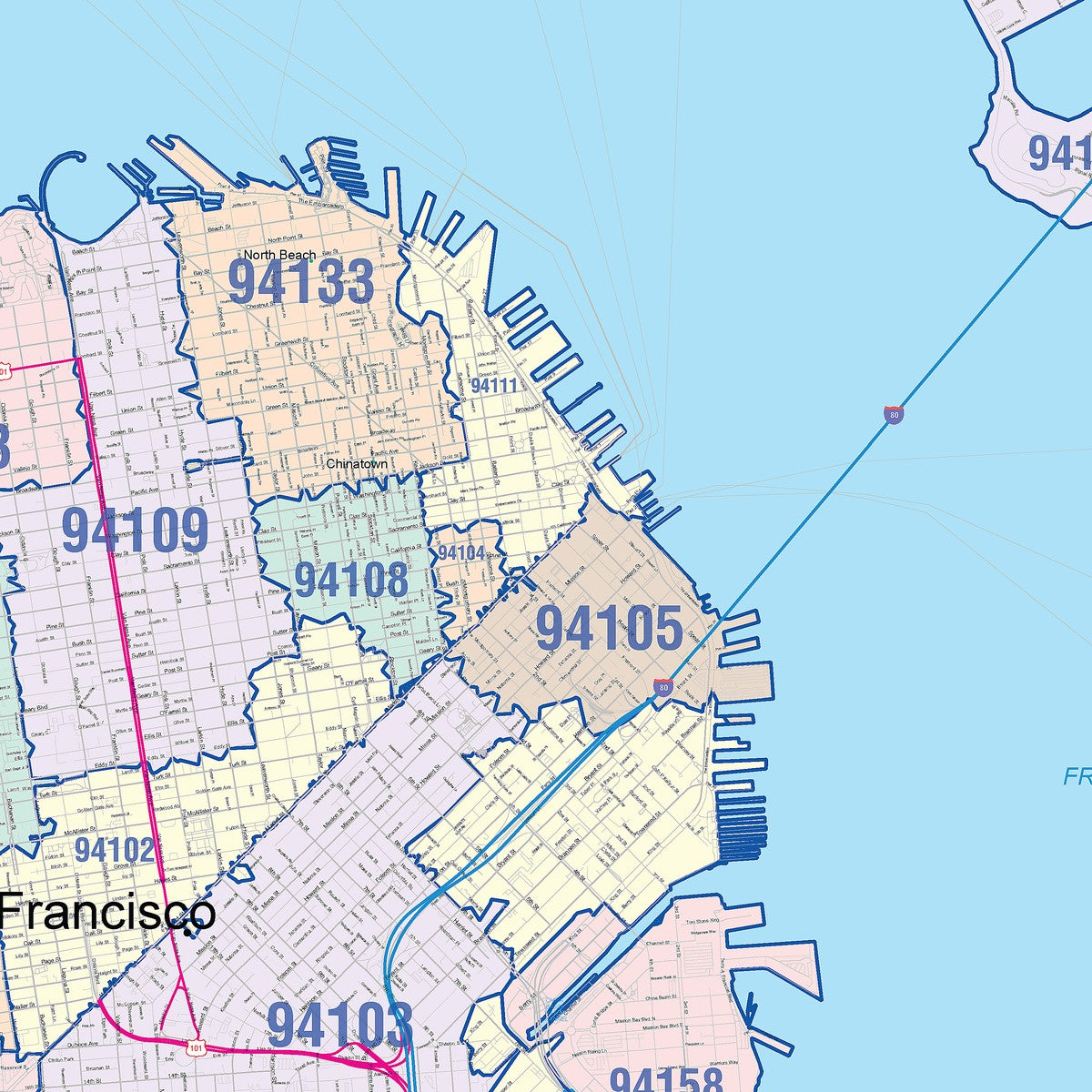 Colorcast Zip Code Style Wall Map of San Francisco, CA – American