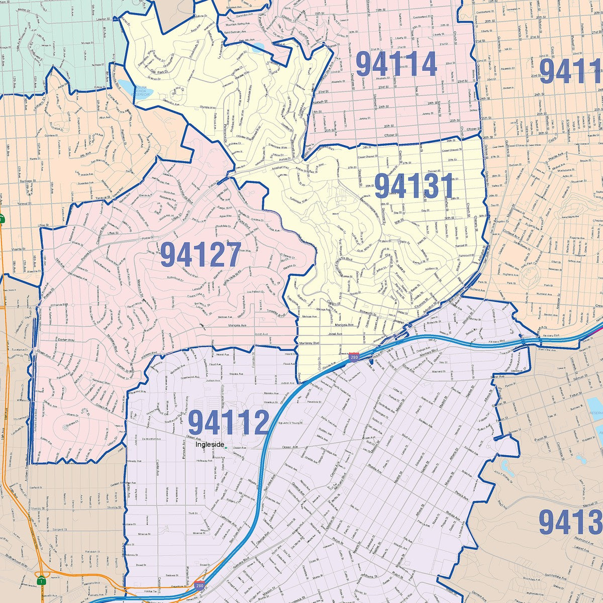 Colorcast Zip Code Style Wall Map of San Francisco, CA – American