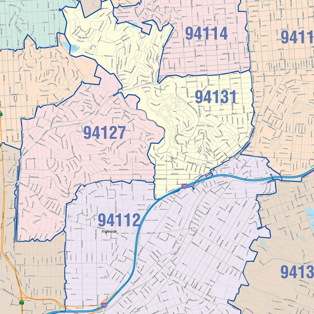 Colorcast Zip Code Style Wall Map of San Francisco, CA – American Map Store