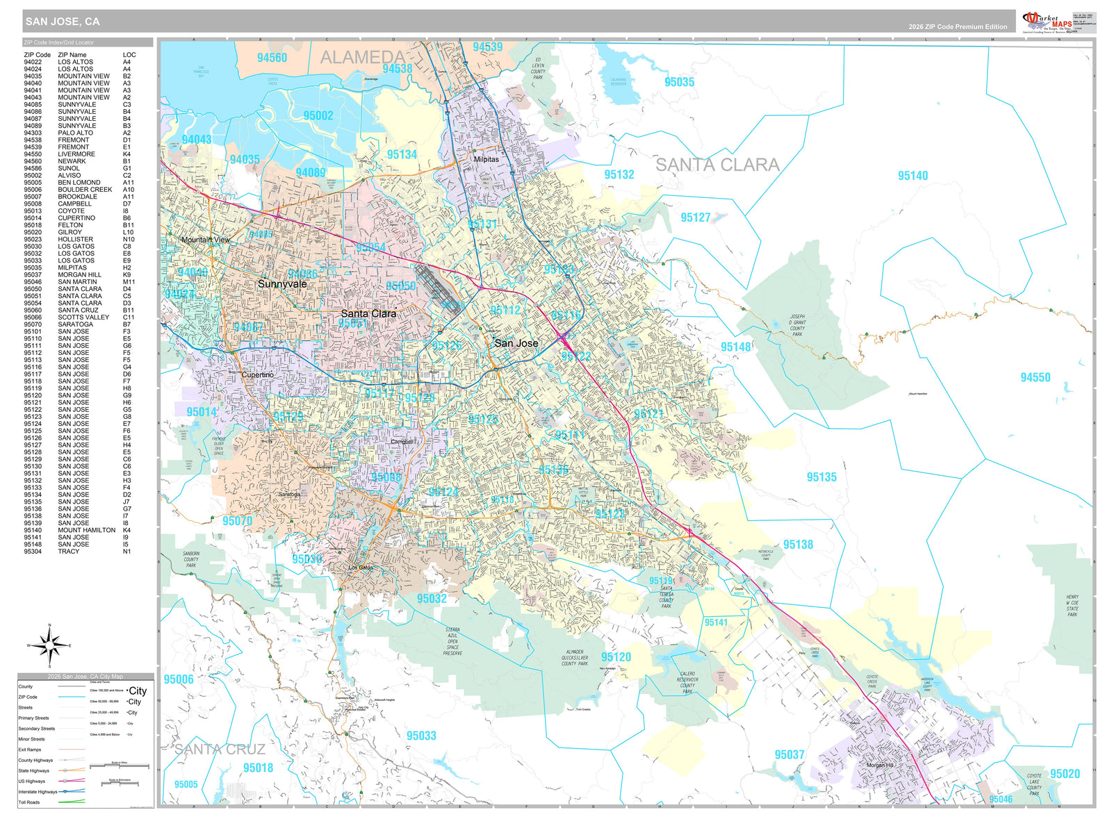 Premium Style Wall Map of San Jose CA