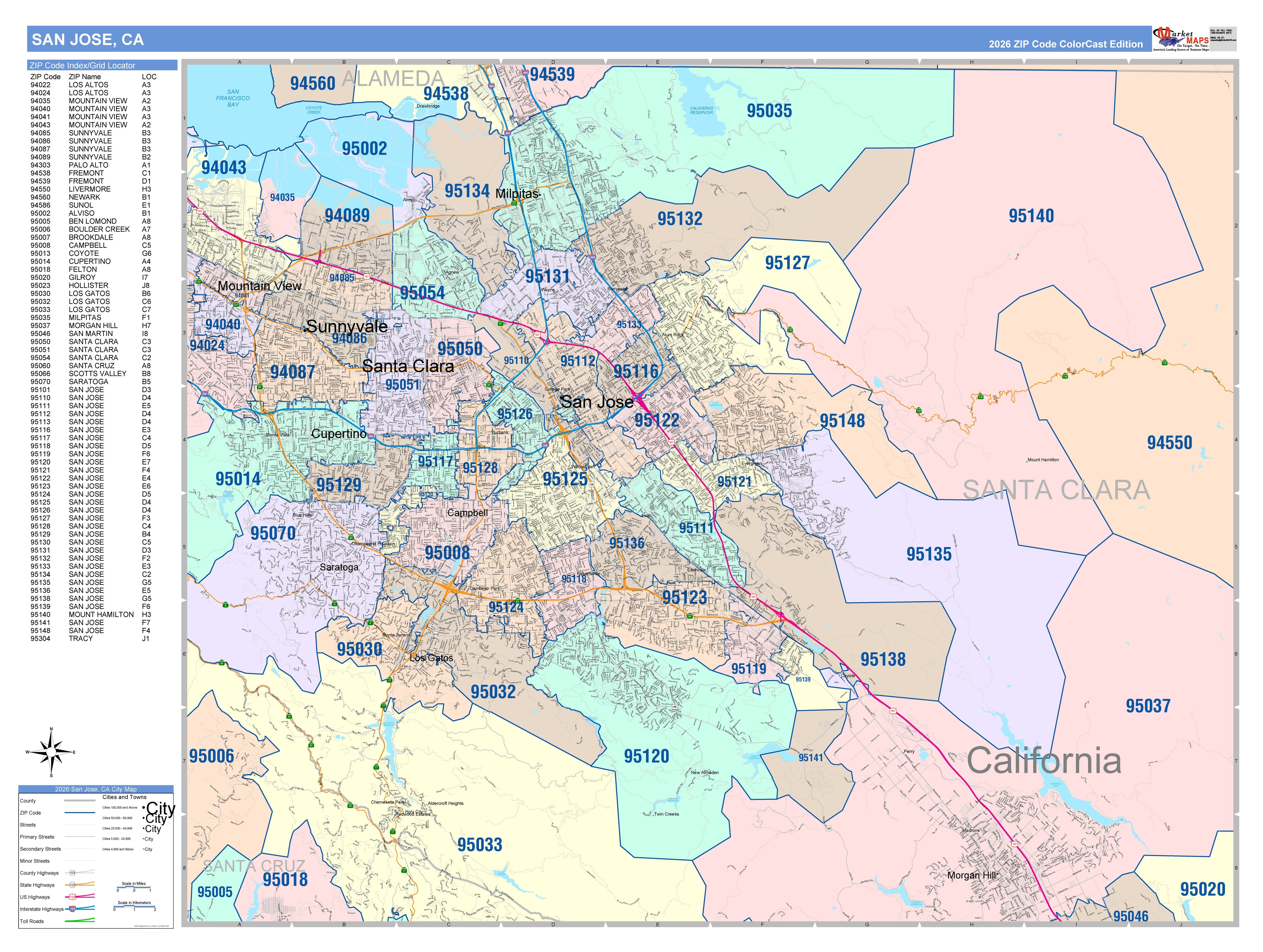 コニシスM A P P 1212 Colorcast Zip Code Style Wall Map of San Jose, CA – American Map Store