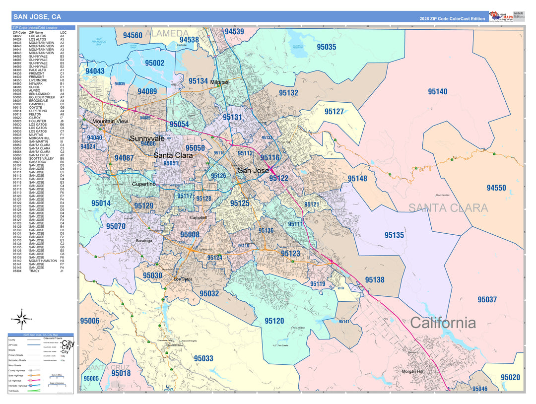 Colorcast Zip Code Style Wall Map of San Jose, CA – American Map Store