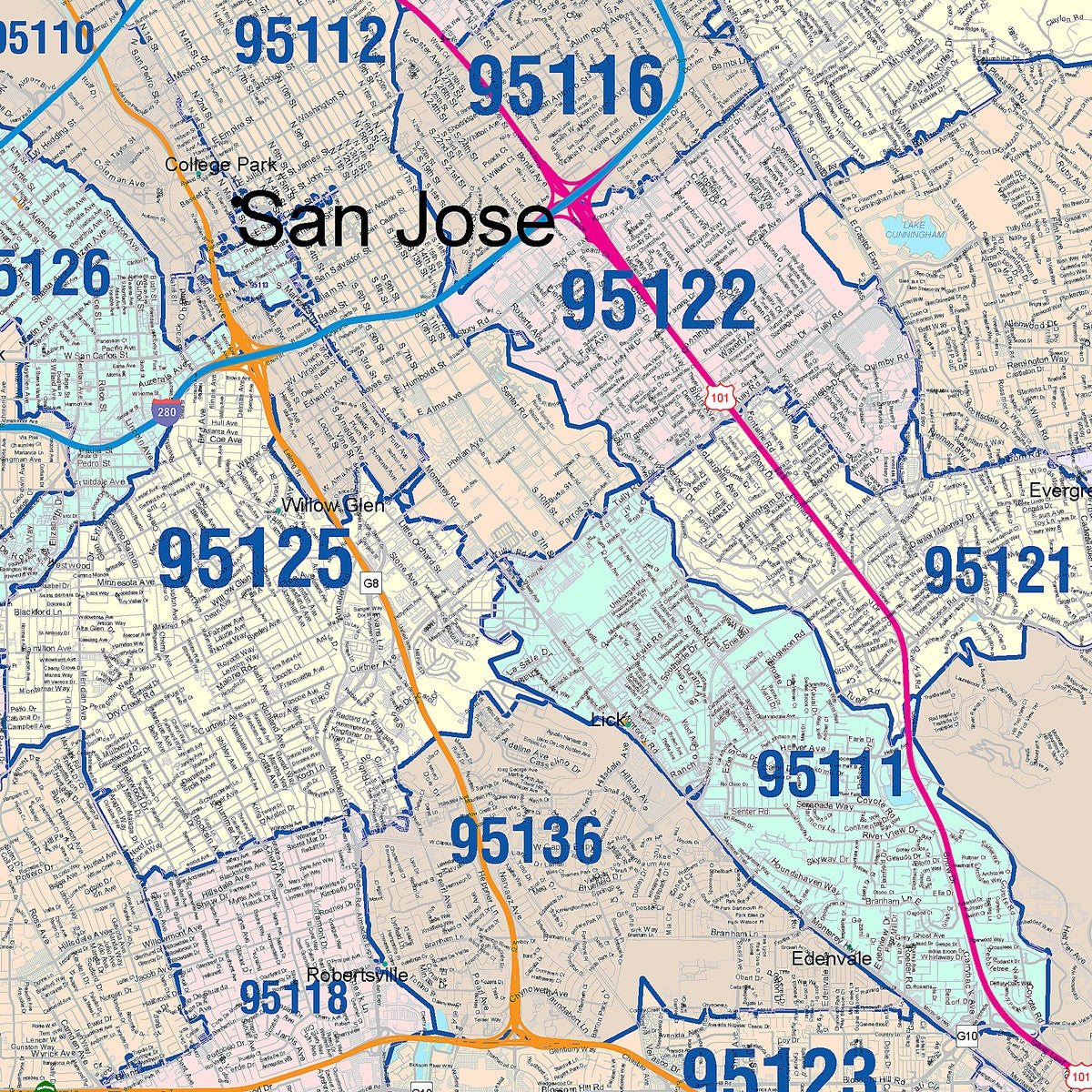 Colorcast Zip Code Style Wall Map of San Jose, CA – American Map Store