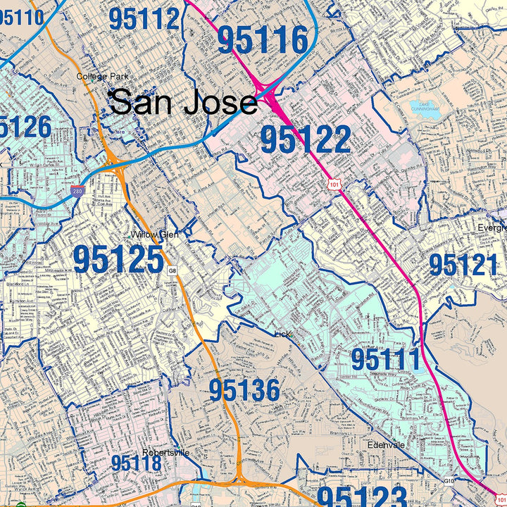 047 Area Code Colorcast Zip Code Style Wall Map of San Jose, CA – American Map Store
