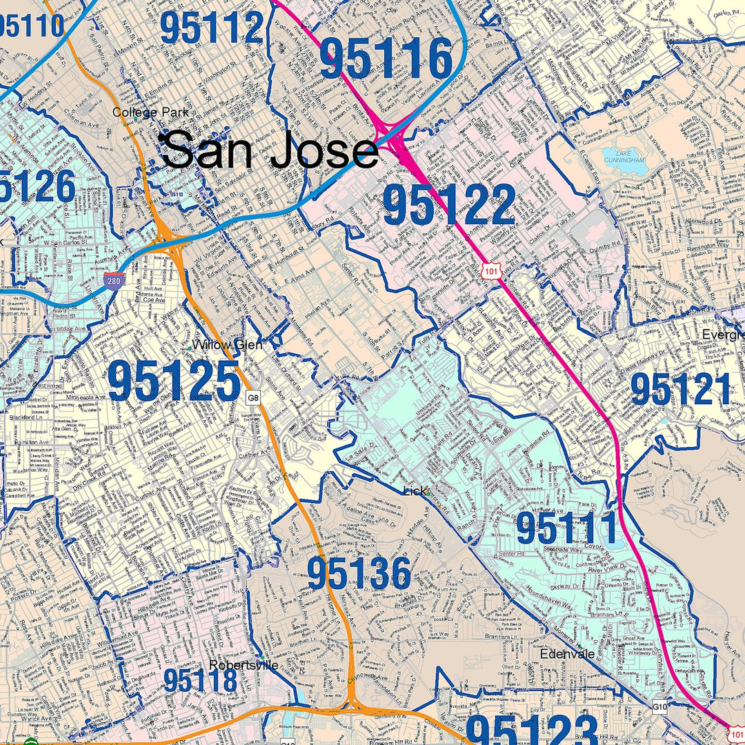 Colorcast Zip Code Style Wall Map of San Jose, CA – American Map Store