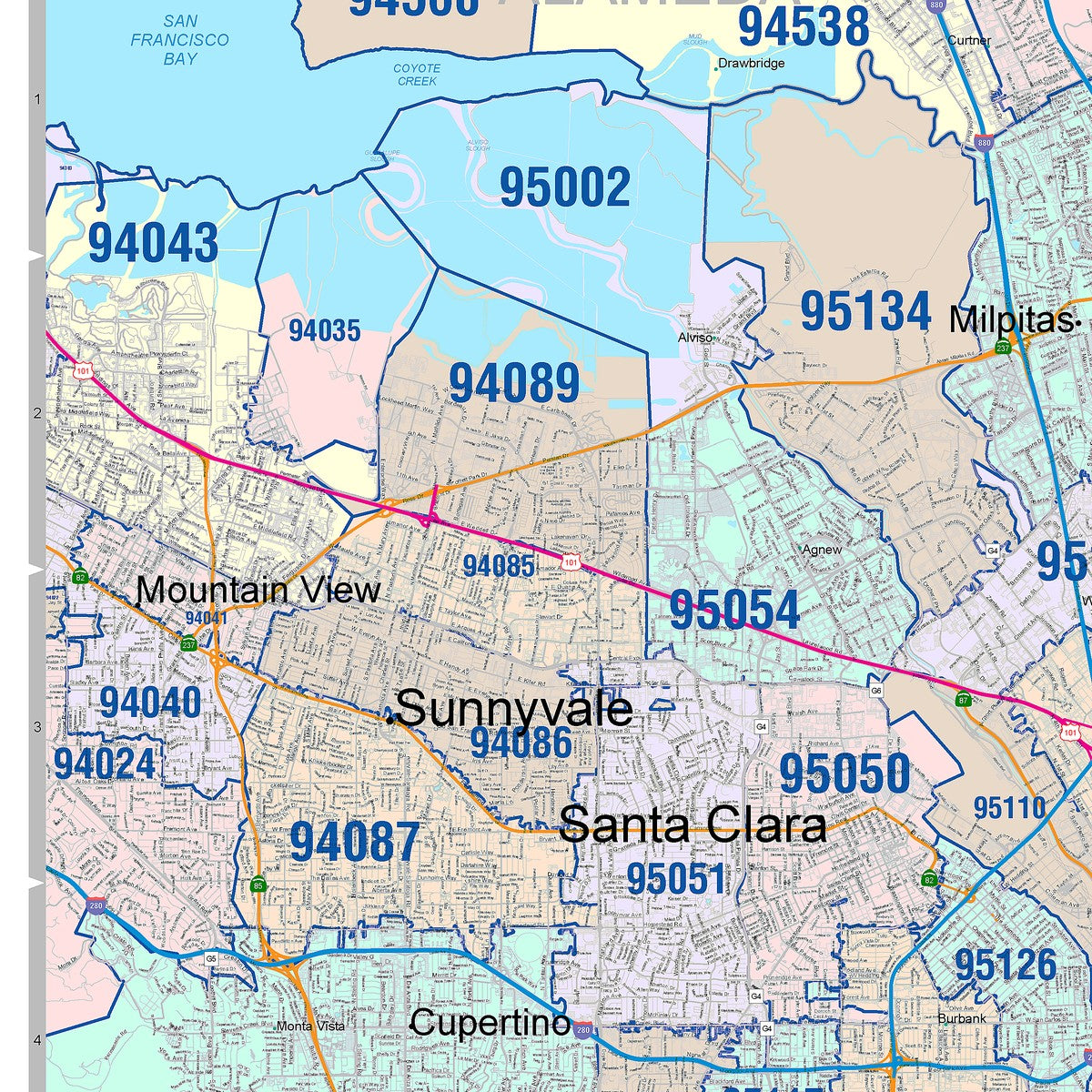 Colorcast Zip Code Style Wall Map of San Jose, CA – American Map Store