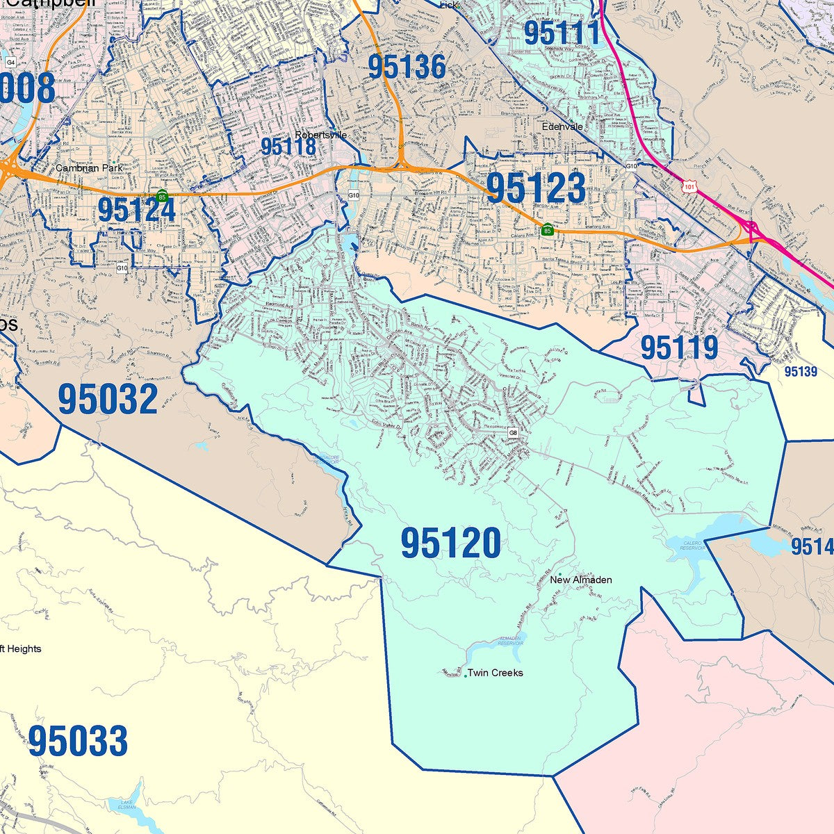 Colorcast Zip Code Style Wall Map of San Jose, CA – American Map Store