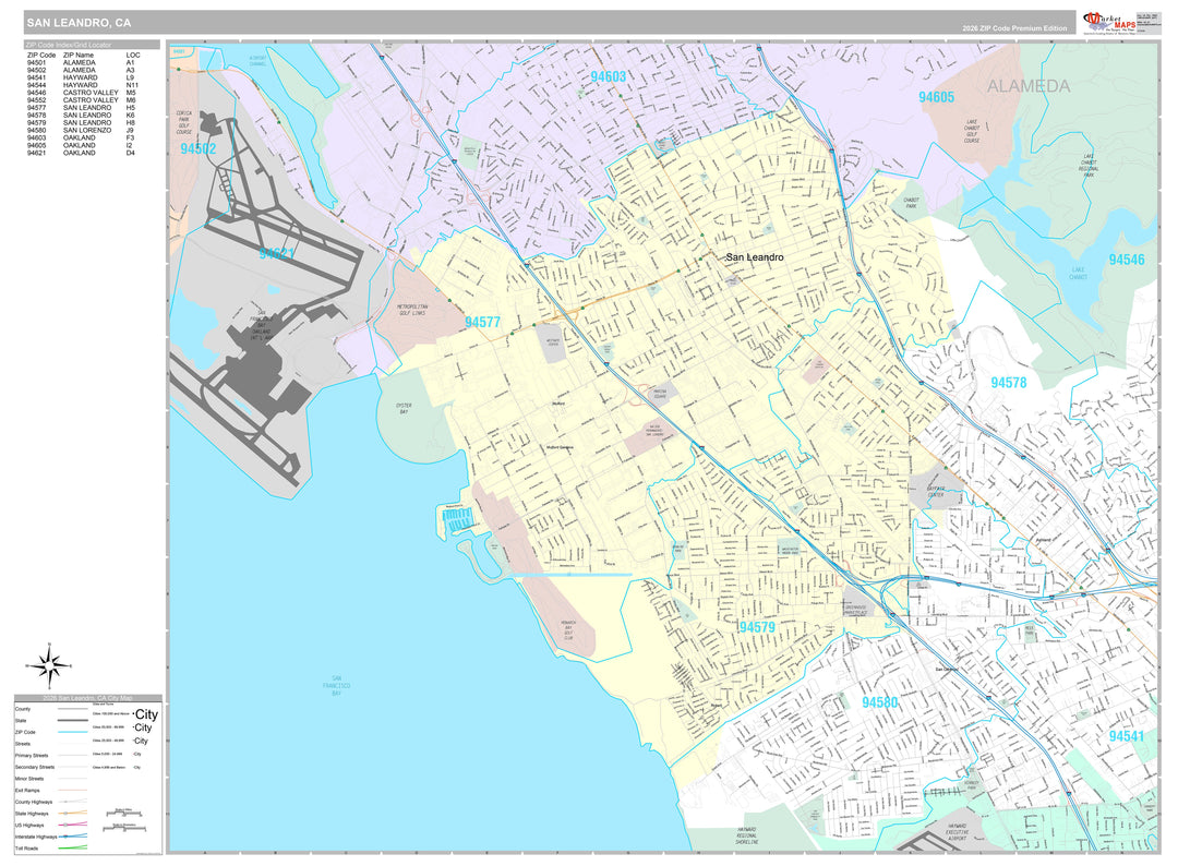 Premium Style Wall Map of San Leandro, CA