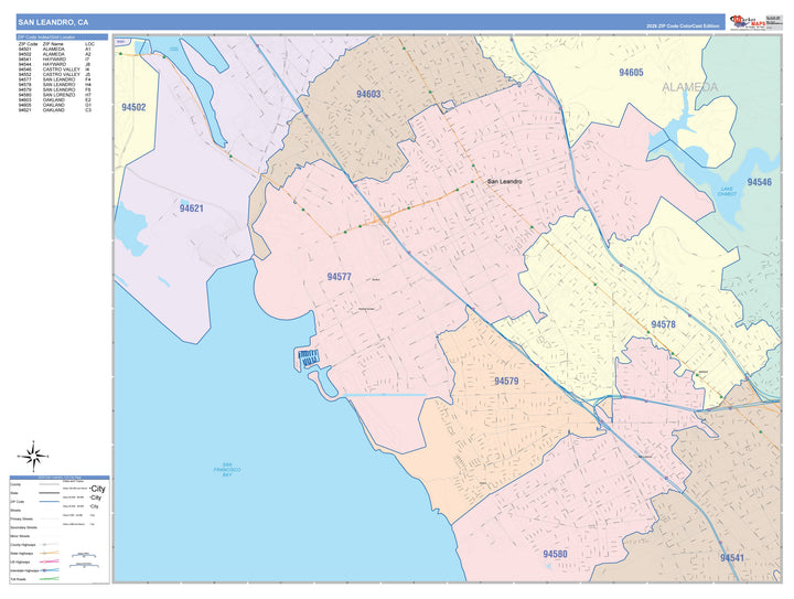 Color Cast Zip Code Style Wall Map of San Leandro, CA