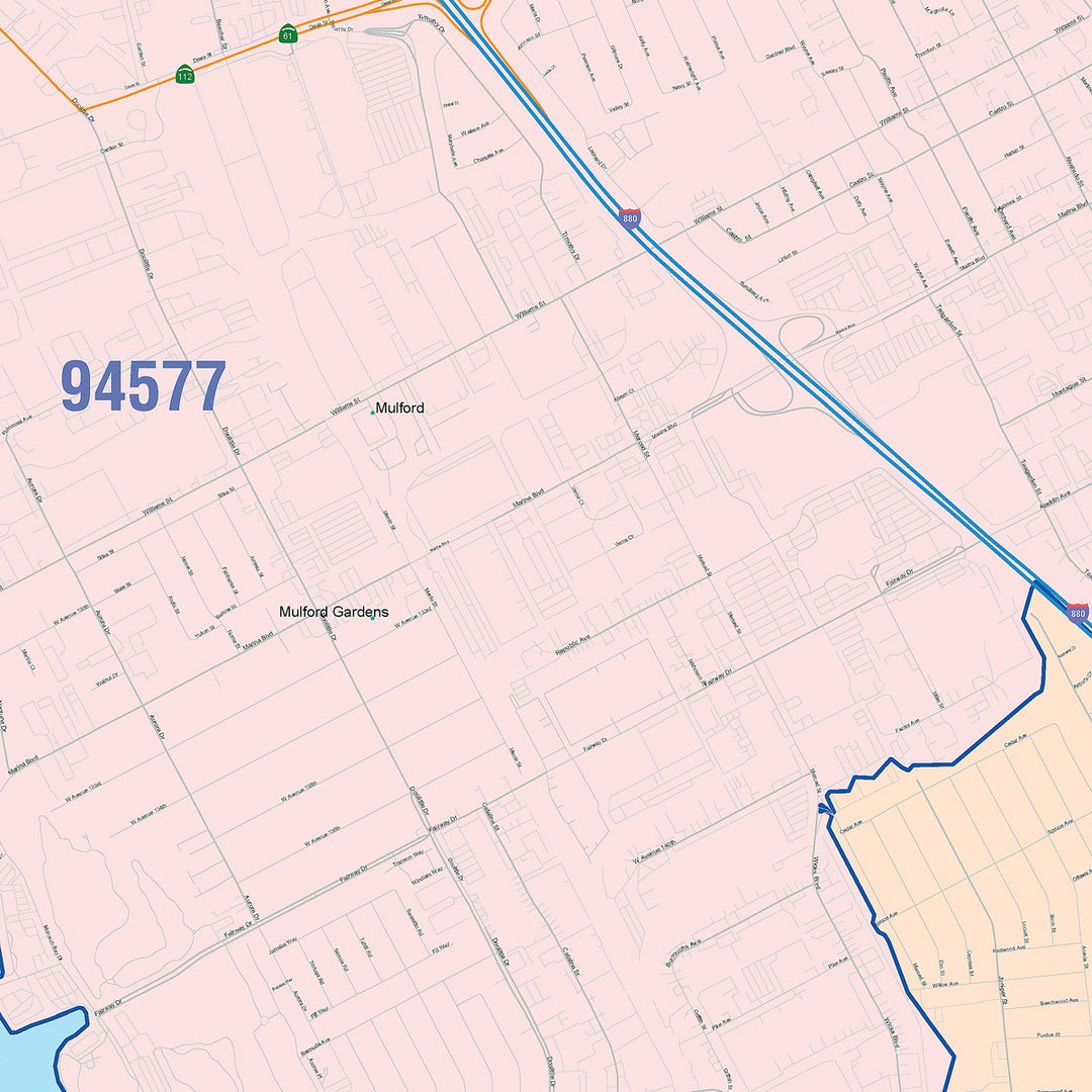 Color Cast Zip Code Style Wall Map of San Leandro, CA
