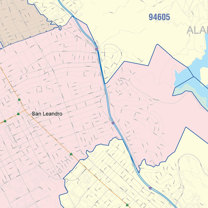 Color Cast Zip Code Style Wall Map of San Leandro, CA